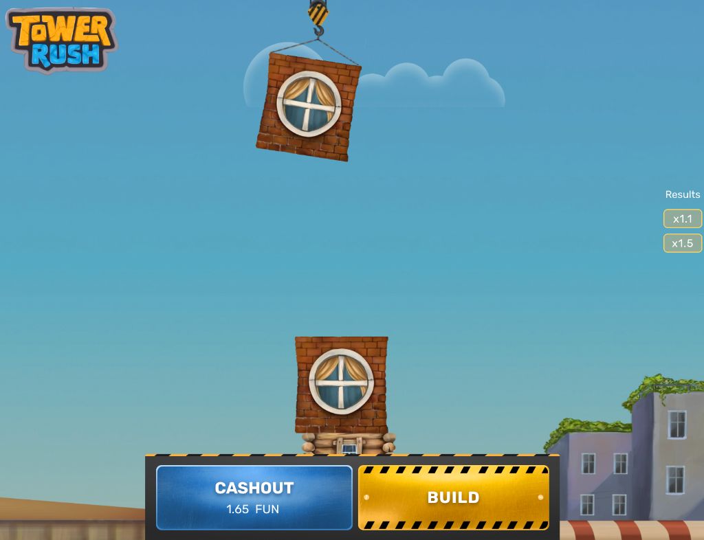 Instrukcja Tower Rush — moment decyzji z przyciskami Cashout 1.65 FUN i Build