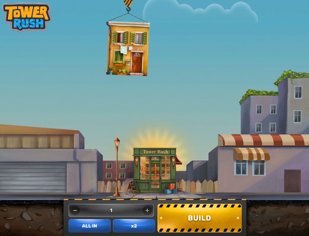 Tower Rush demo — start rundy, dźwig opuszcza pierwszy blok nad sklepem