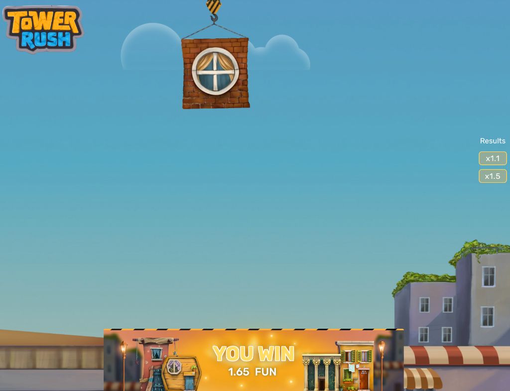Wygrana w Tower Rush — komunikat YOU WIN 1.65 FUN po udanej wypłacie